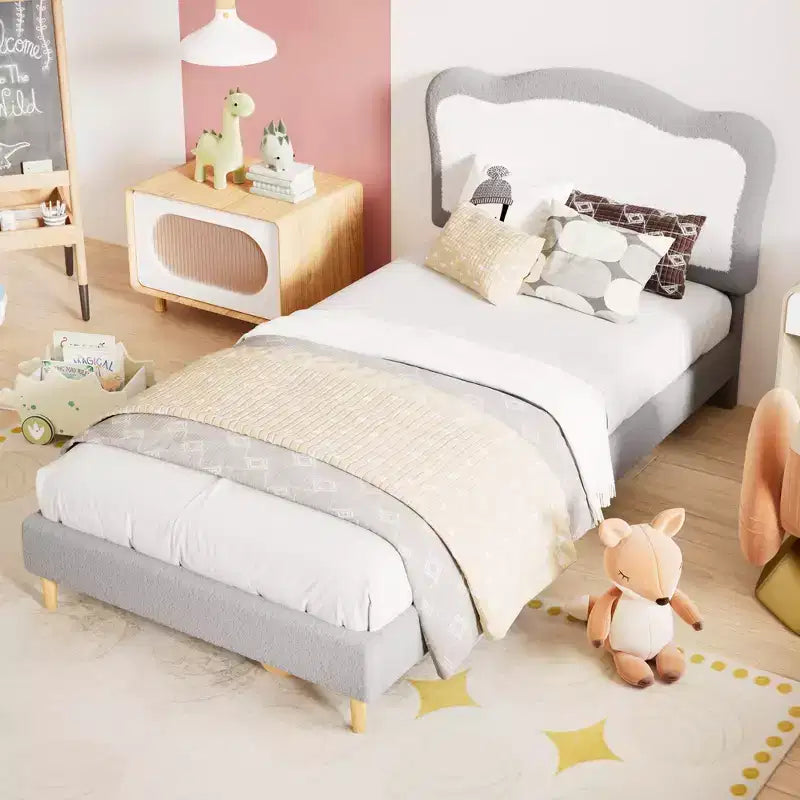 Lit Coolmee Magic Ring en polaire sherpa, pieds en bois massif supportant jusqu'à 158 kg, lattes en MDF avec velcro, silencieux, assemblage sans outils pour enfants, gris