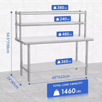 Bureau de 48 x 24 pouces en acier inoxydable avec étagères et crochets réglables, idéal pour les restaurants, les maisons et les hôtels, table robuste certifiée NSF