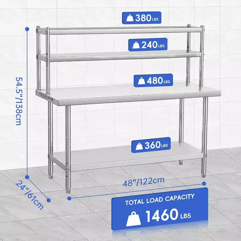 Bureau de 48 x 24 pouces en acier inoxydable avec étagères et crochets réglables, idéal pour les restaurants, les maisons et les hôtels, table robuste certifiée NSF