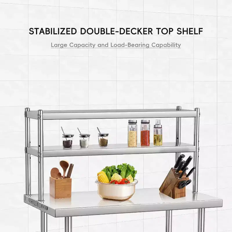 Bureau de 48 x 24 pouces en acier inoxydable avec étagères et crochets réglables, idéal pour les restaurants, les maisons et les hôtels, table robuste certifiée NSF