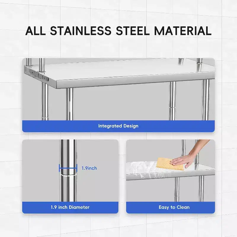 Bureau de 48 x 24 pouces en acier inoxydable avec étagères et crochets réglables, idéal pour les restaurants, les maisons et les hôtels, table robuste certifiée NSF