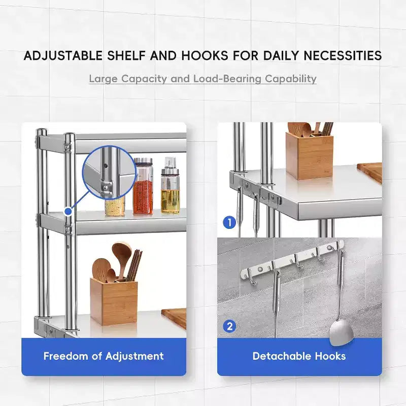 Bureau de 48 x 24 pouces en acier inoxydable avec étagères et crochets réglables, idéal pour les restaurants, les maisons et les hôtels, table robuste certifiée NSF