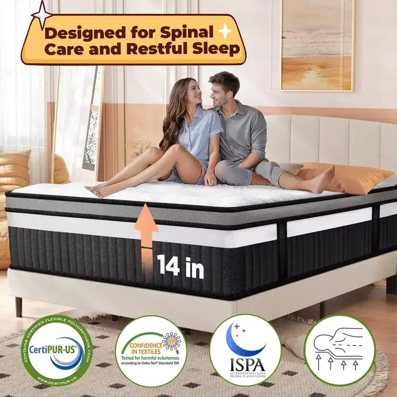 Queen Mattress, 14 Inch Gel Memory Foam Hybrid Mattress in a Box, Cooling & Breathable Design, Zoned Pressure Relief, Medium Firm Feel