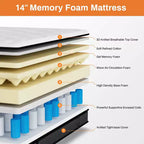 Matelas Queen, matelas hybride en mousse à mémoire de forme au gel de 14 pouces livré en boîte, conception rafraîchissante et respirante, soulagement de la pression zoné, sensation de fermeté moyenne