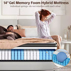 Matelas Queen, matelas hybride en mousse à mémoire de forme au gel de 14 pouces livré en boîte, conception rafraîchissante et respirante, soulagement de la pression zoné, sensation de fermeté moyenne