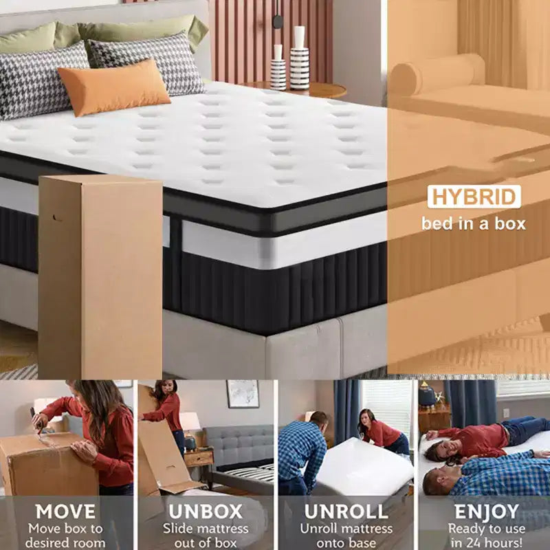Matelas Queen, matelas hybride en mousse à mémoire de forme au gel de 14 pouces livré en boîte, conception rafraîchissante et respirante, soulagement de la pression zoné, sensation de fermeté moyenne