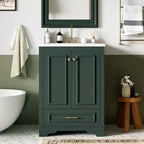 JVNOXK Meuble de salle de bain 61 cm avec lavabo en céramique, meuble de rangement autoportant moderne avec poignées argentées, portes à fermeture douce – Vert