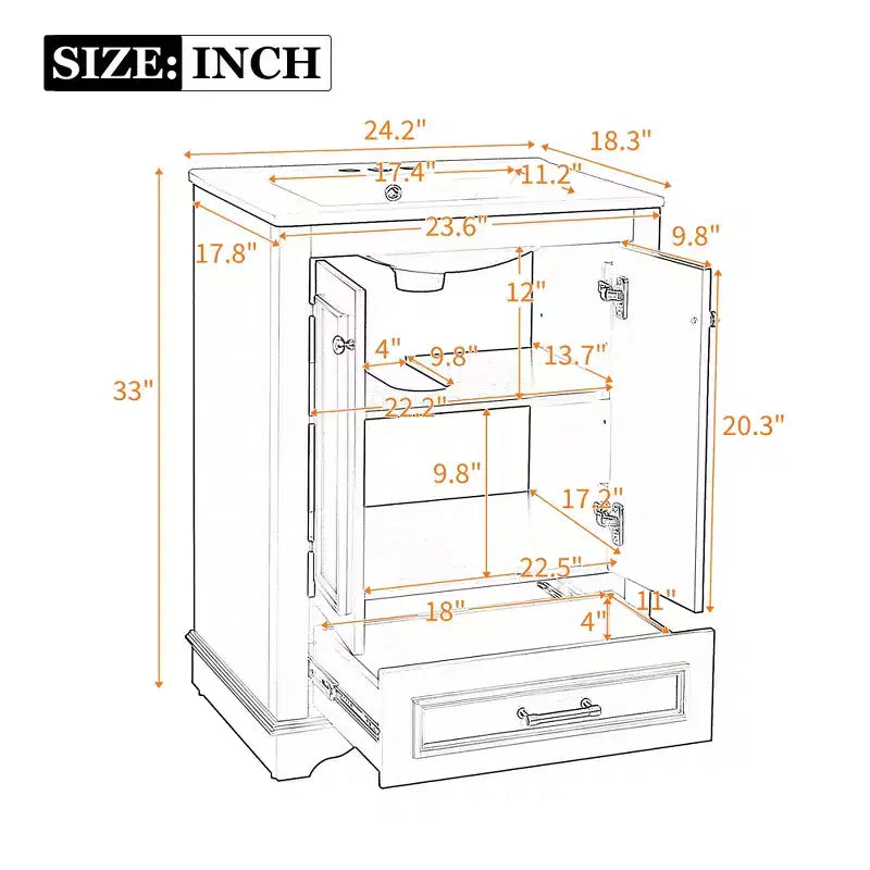 JVNOXK Meuble de salle de bain 61 cm avec lavabo en céramique, meuble de rangement autoportant moderne avec poignées argentées, portes à fermeture douce – Vert