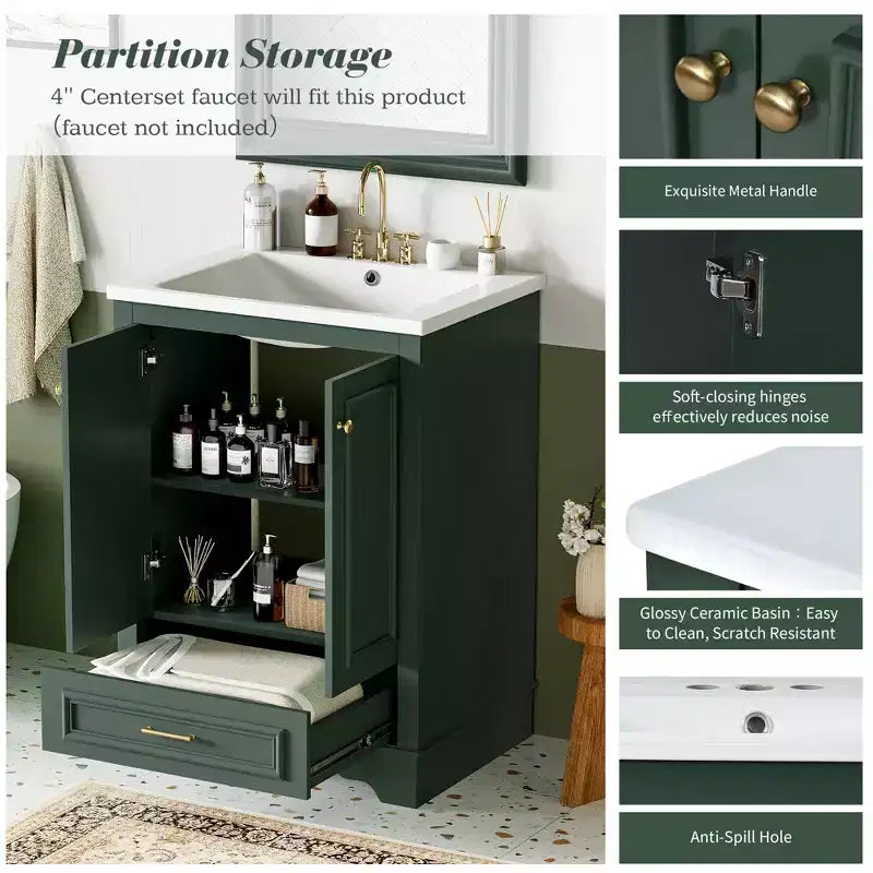 JVNOXK Meuble de salle de bain 61 cm avec lavabo en céramique, meuble de rangement autoportant moderne avec poignées argentées, portes à fermeture douce – Vert