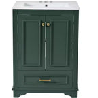 JVNOXK Meuble de salle de bain 61 cm avec lavabo en céramique, meuble de rangement autoportant moderne avec poignées argentées, portes à fermeture douce – Vert