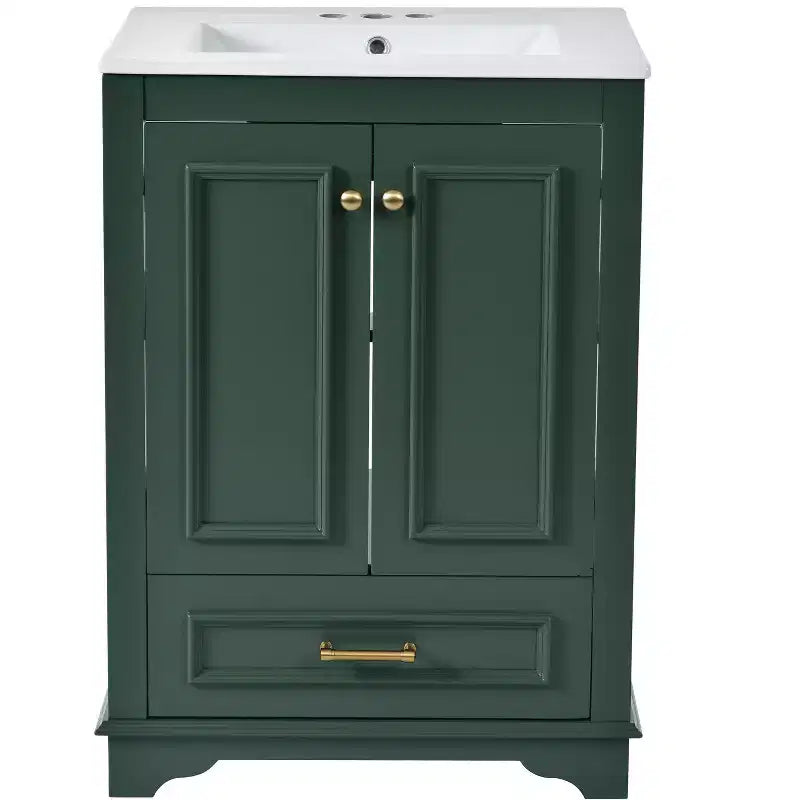 JVNOXK Meuble de salle de bain 61 cm avec lavabo en céramique, meuble de rangement autoportant moderne avec poignées argentées, portes à fermeture douce – Vert