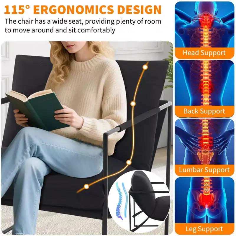 Fauteuil basculant avec structure en métal, chaise de salon moderne et confortable, fauteuil de lecture rembourré avec coussin en mousse déchiquetée, fauteuil surdimensionné