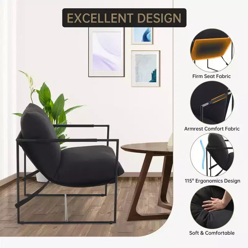 Fauteuil basculant avec structure en métal, chaise de salon moderne et confortable, fauteuil de lecture rembourré avec coussin en mousse déchiquetée, fauteuil surdimensionné