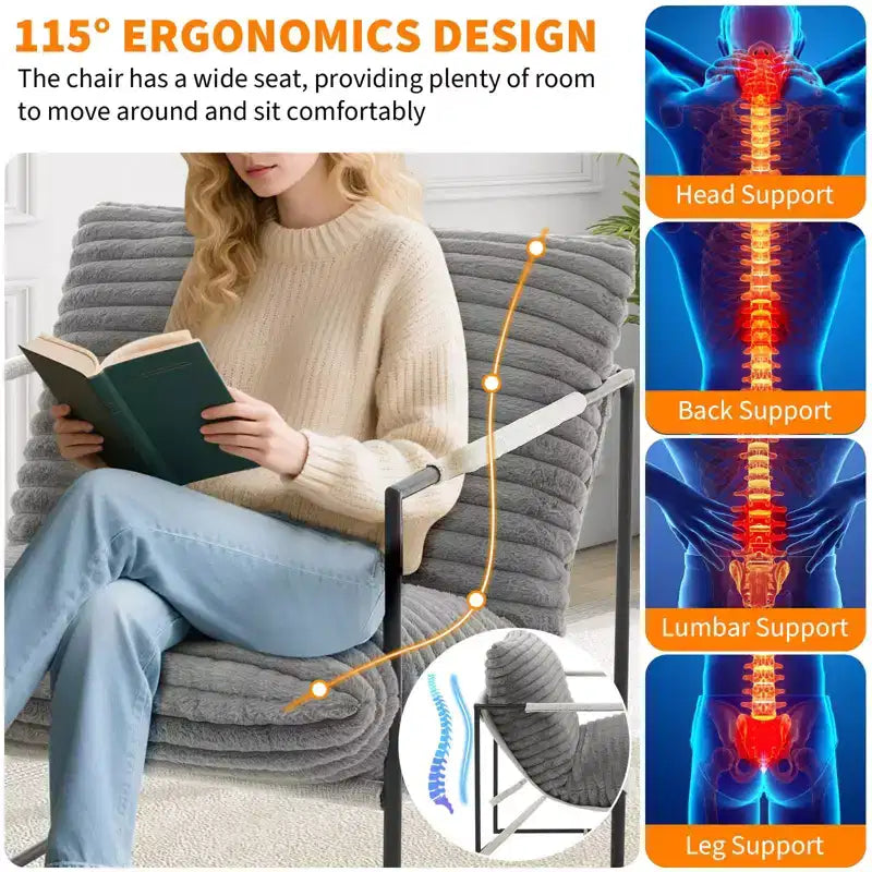 Fauteuil basculant avec structure en métal, chaise de salon moderne et confortable, fauteuil de lecture rembourré avec coussin en mousse déchiquetée, fauteuil surdimensionné