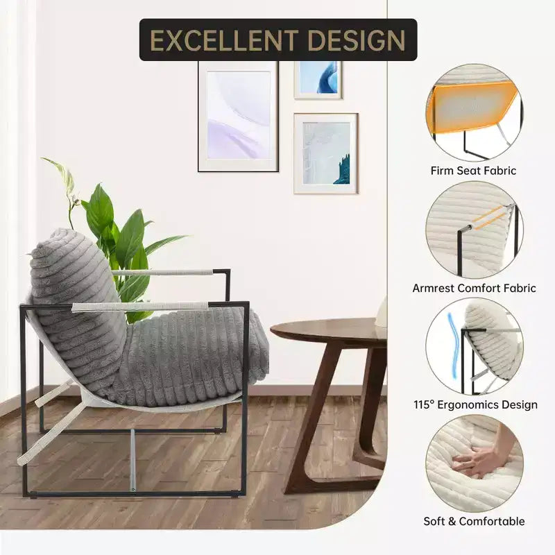 Fauteuil basculant avec structure en métal, chaise de salon moderne et confortable, fauteuil de lecture rembourré avec coussin en mousse déchiquetée, fauteuil surdimensionné