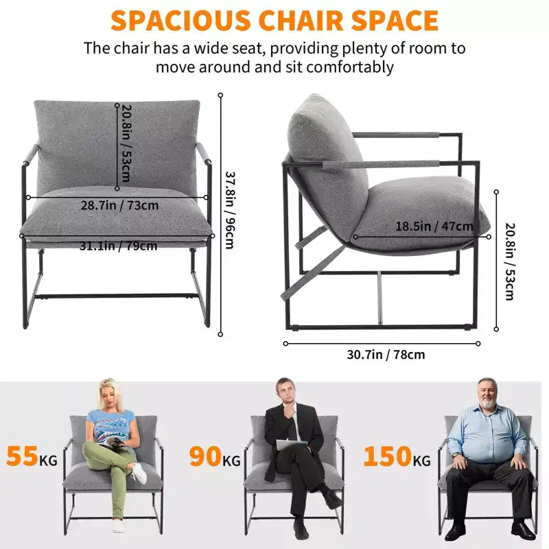 Fauteuil basculant avec structure en métal, chaise de salon moderne et confortable, fauteuil de lecture rembourré avec coussin en mousse déchiquetée, fauteuil surdimensionné