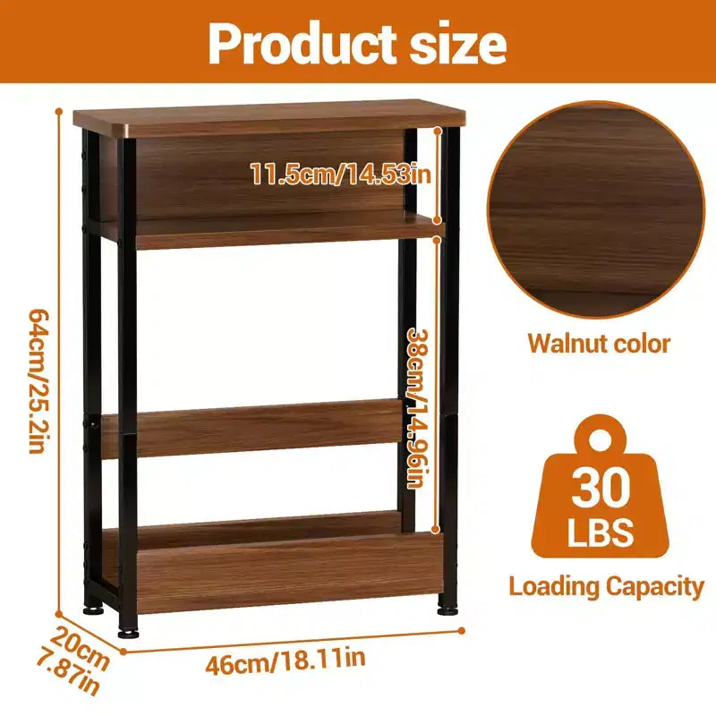 Table d'appoint industrielle étroite à 3 niveaux – Table de bout peu encombrante avec étagères de rangement et porte-revues pour salon ou chambre à coucher