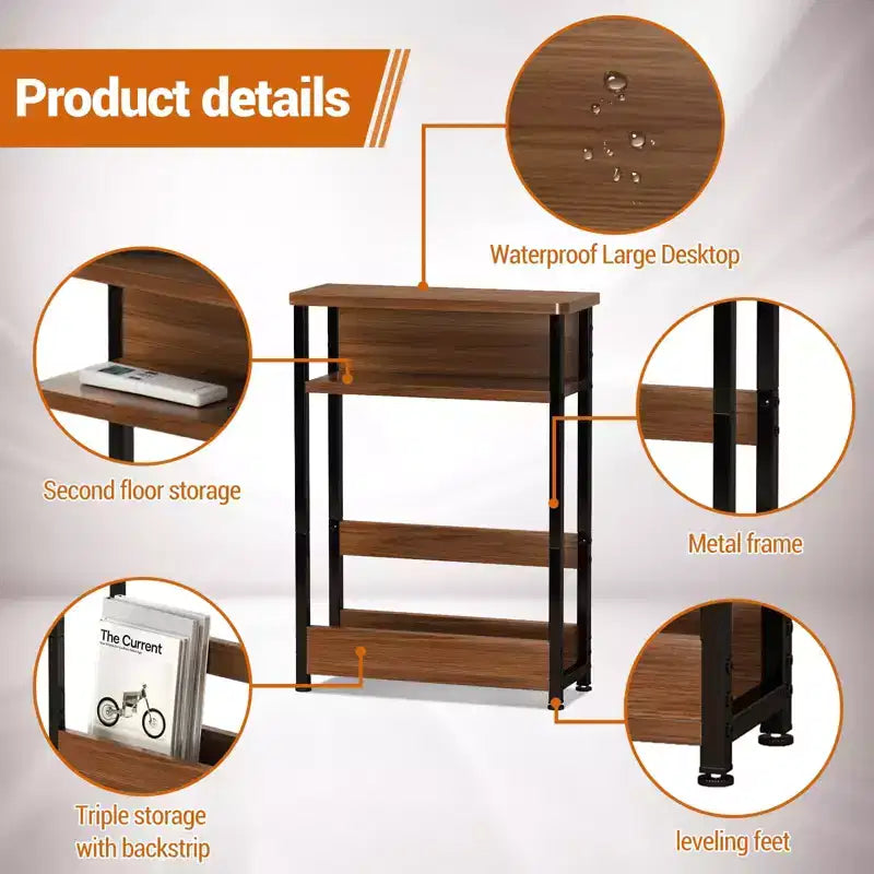 Table d'appoint industrielle étroite à 3 niveaux – Table de bout peu encombrante avec étagères de rangement et porte-revues pour salon ou chambre à coucher
