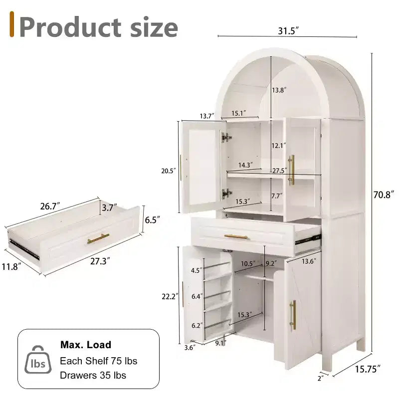 Meuble de rangement autoportant avec porte en verre arquée de 180 cm de haut pour cuisine, salle à manger ou salon - Panipeachy