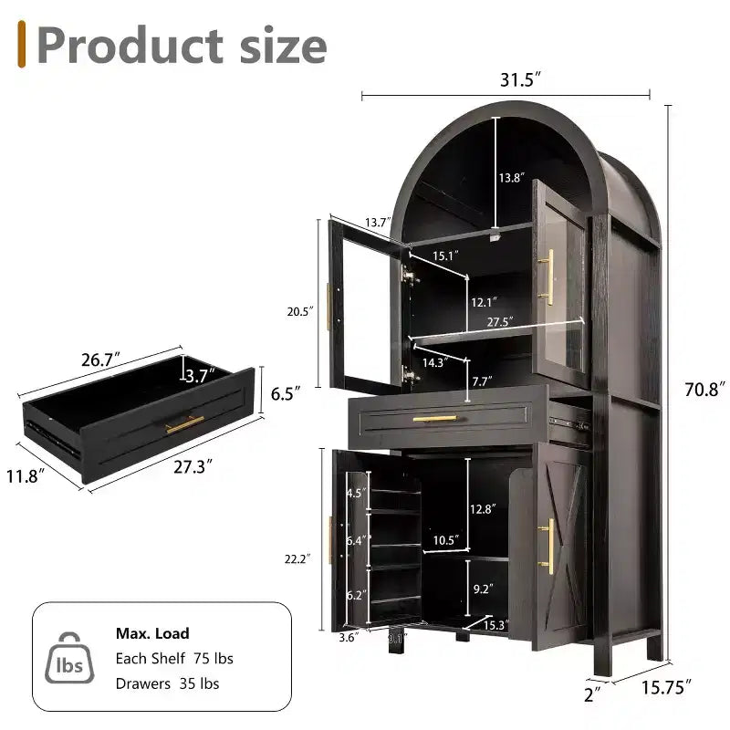 Meuble de rangement autoportant avec porte en verre arquée de 180 cm de haut pour cuisine, salle à manger ou salon - Panipeachy