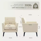 Fauteuil d'appoint moderne en tissu de lin, fauteuil individuel rembourré avec pieds en bois et coussin épais, fauteuil de lecture blanc confortable