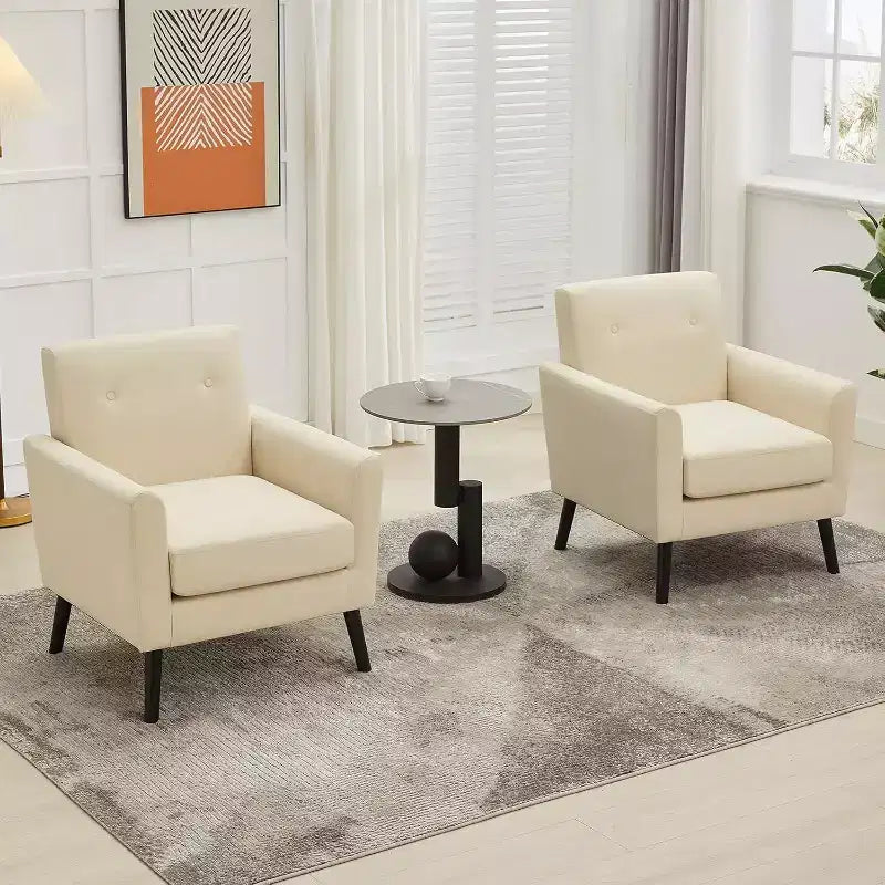 Fauteuil d'appoint moderne en tissu de lin, fauteuil individuel rembourré avec pieds en bois et coussin épais, fauteuil de lecture blanc confortable