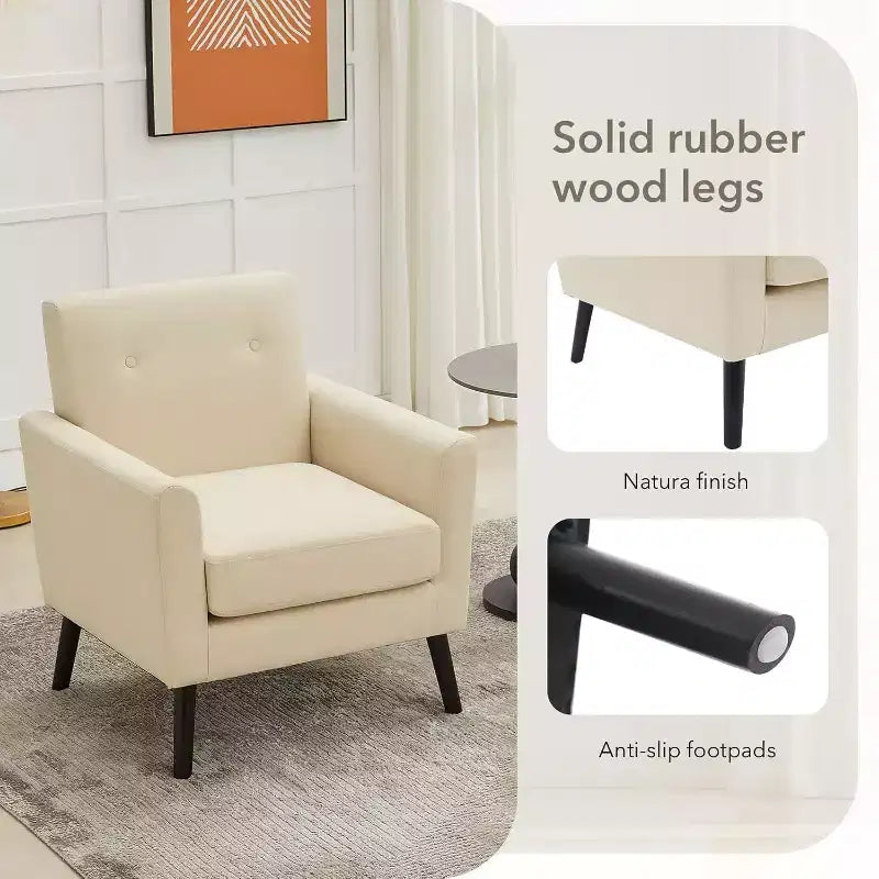 Fauteuil d'appoint moderne en tissu de lin, fauteuil individuel rembourré avec pieds en bois et coussin épais, fauteuil de lecture blanc confortable