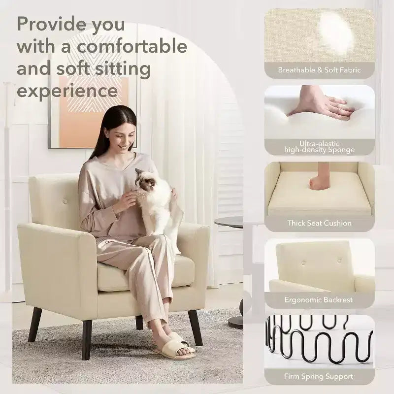 Fauteuil d'appoint moderne en tissu de lin, fauteuil individuel rembourré avec pieds en bois et coussin épais, fauteuil de lecture blanc confortable