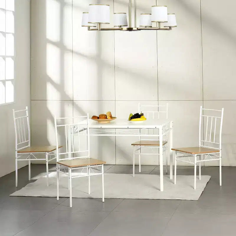 Ensemble de table à manger 5 pièces FurnitureR avec 4 chaises, ensemble de salle à manger de cuisine peu encombrant, plateau en bois et cadre en métal, facile à nettoyer pour la maison, le restaurant, la salle de classe