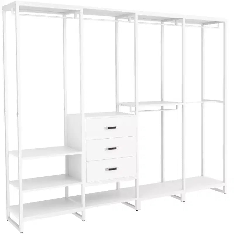 Besiost Système d'organisation de placard de 74 po avec tiroirs en bois, portant à vêtements d'angle autoportant avec tringles de suspension