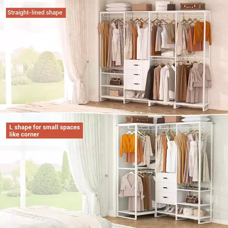 Besiost Système d'organisation de placard de 74 po avec tiroirs en bois, portant à vêtements d'angle autoportant avec tringles de suspension