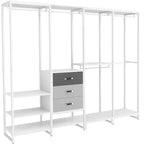 Besiost Système d'organisation de placard de 74 po avec tiroirs en bois, portant à vêtements d'angle autoportant avec tringles de suspension