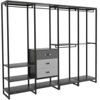 Besiost Système d'organisation de placard de 74 po avec tiroirs en bois, portant à vêtements d'angle autoportant avec tringles de suspension