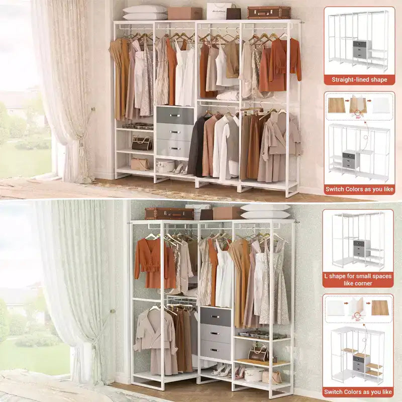 Besiost Système d'organisation de placard de 74 po avec tiroirs en bois, portant à vêtements d'angle autoportant avec tringles de suspension