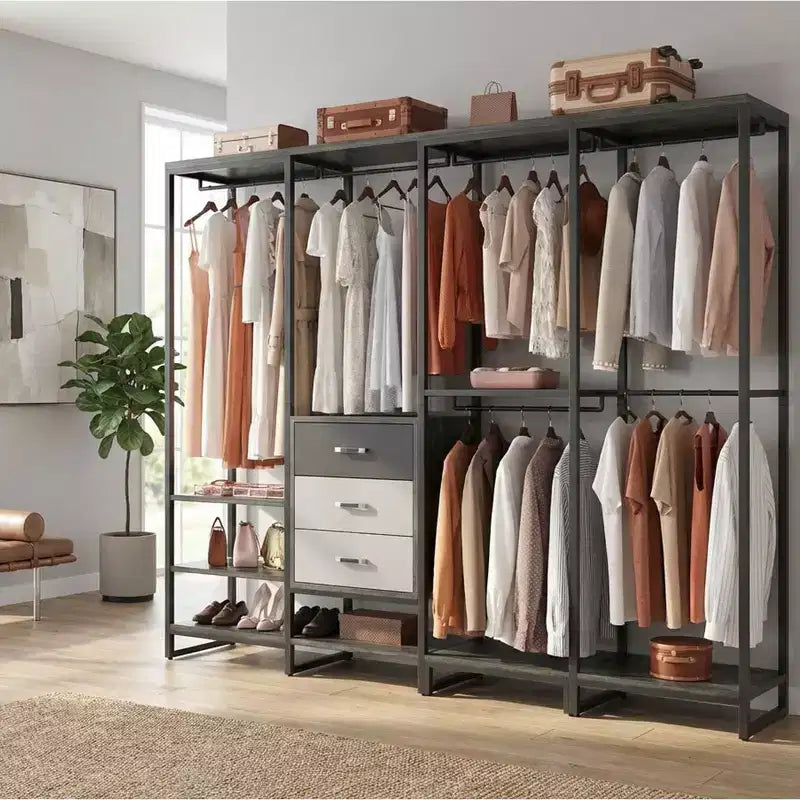 Besiost Système d'organisation de placard de 74 po avec tiroirs en bois, portant à vêtements d'angle autoportant avec tringles de suspension