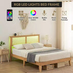 Cadre de lit double Acekool en rotin, plateforme de lit bohème avec tête de lit en rotin naturel et rangement sous le lit, aucun sommier tapissier requis