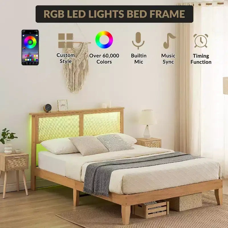 Cadre de lit double Acekool en rotin, plateforme de lit bohème avec tête de lit en rotin naturel et rangement sous le lit, aucun sommier tapissier requis