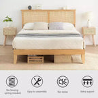 Cadre de lit double Acekool en rotin, plateforme de lit bohème avec tête de lit en rotin naturel et rangement sous le lit, aucun sommier tapissier requis