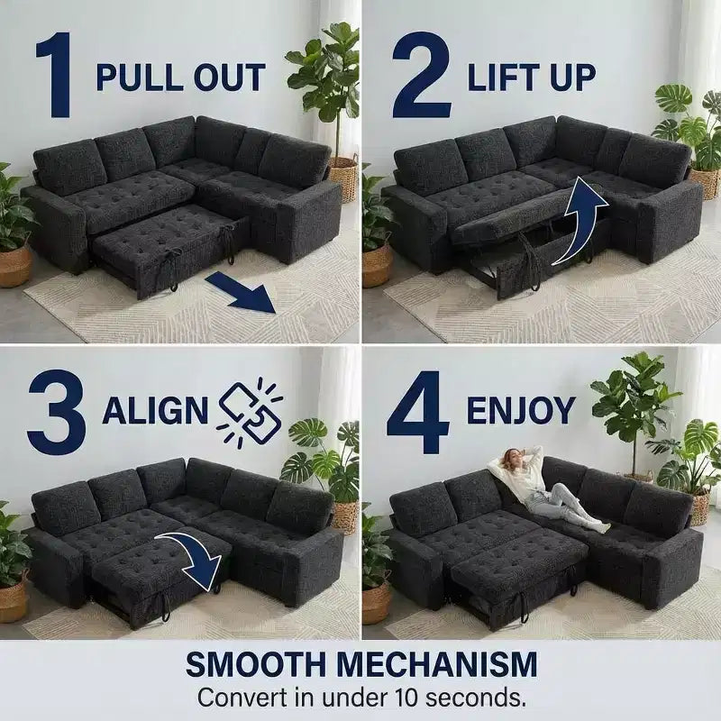 Canapé d'angle modulable 5 places Dyonery pour petits espaces, avec lit gigogne, rangement, ports USB et fonction d'inclinaison.