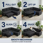 Canapé d'angle modulable 5 places Dyonery pour petits espaces, avec lit gigogne, rangement, ports USB et fonction d'inclinaison.
