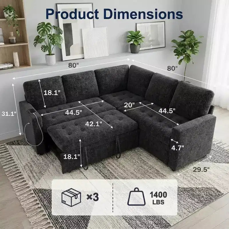 Canapé d'angle modulable 5 places Dyonery pour petits espaces, avec lit gigogne, rangement, ports USB et fonction d'inclinaison.