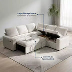 Canapé d'angle modulable 5 places Dyonery pour petits espaces, avec lit gigogne, rangement, ports USB et fonction d'inclinaison.