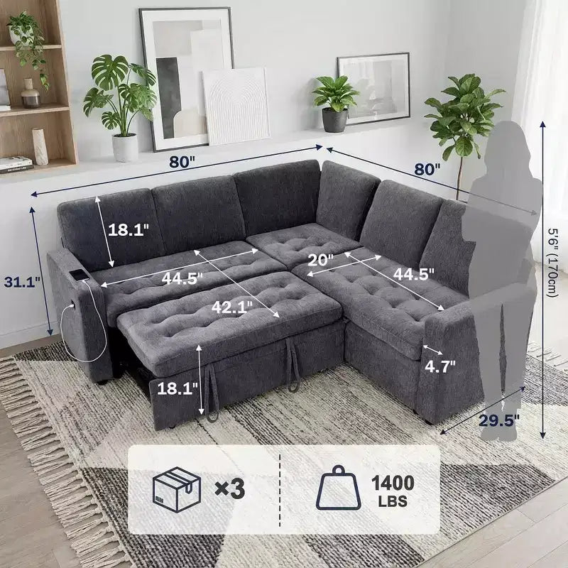 Canapé d'angle modulable 5 places Dyonery pour petits espaces, avec lit gigogne, rangement, ports USB et fonction d'inclinaison.