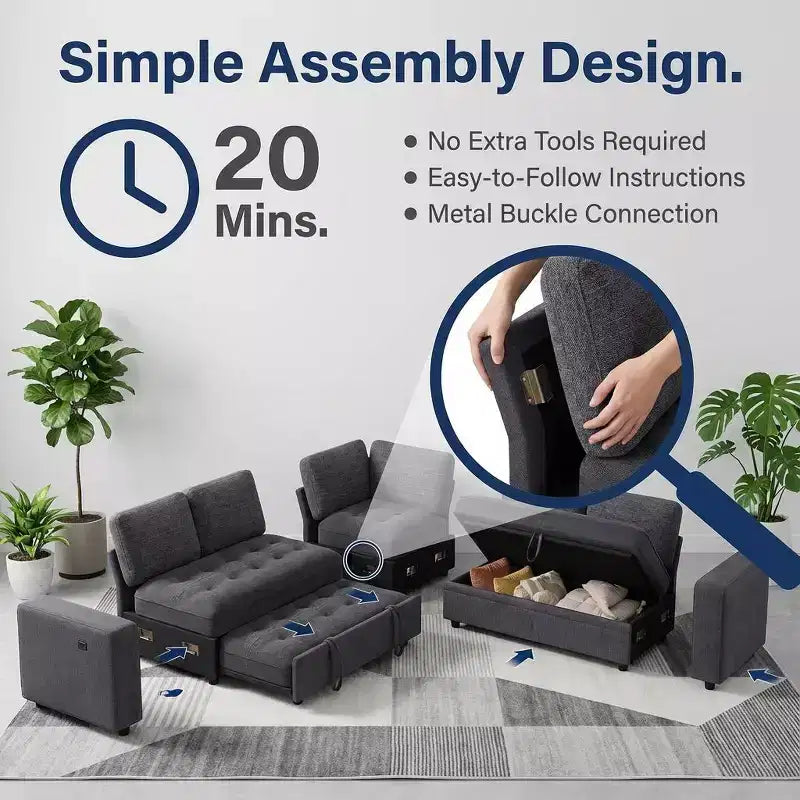 Canapé d'angle modulable 5 places Dyonery pour petits espaces, avec lit gigogne, rangement, ports USB et fonction d'inclinaison.
