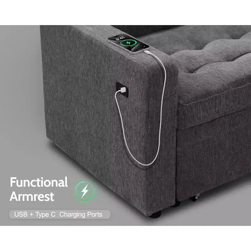 Canapé d'angle modulable 5 places Dyonery pour petits espaces, avec lit gigogne, rangement, ports USB et fonction d'inclinaison.