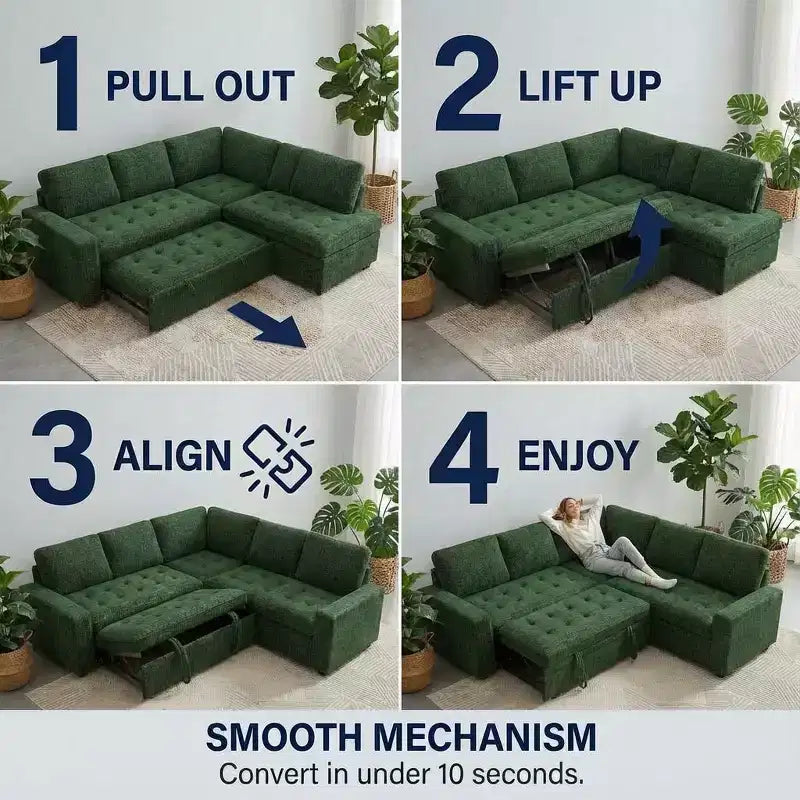 Canapé d'angle modulable 5 places Dyonery pour petits espaces, avec lit gigogne, rangement, ports USB et fonction d'inclinaison.