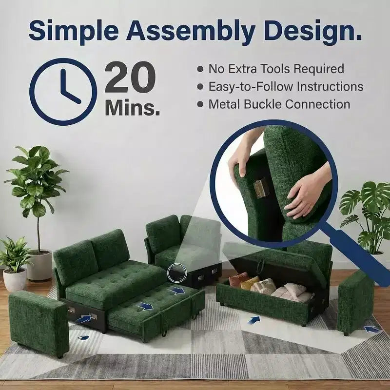 Canapé d'angle modulable 5 places Dyonery pour petits espaces, avec lit gigogne, rangement, ports USB et fonction d'inclinaison.
