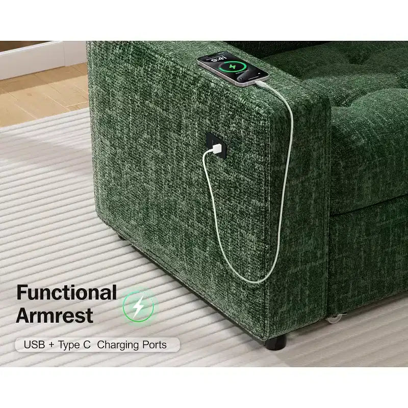 Canapé d'angle modulable 5 places Dyonery pour petits espaces, avec lit gigogne, rangement, ports USB et fonction d'inclinaison.