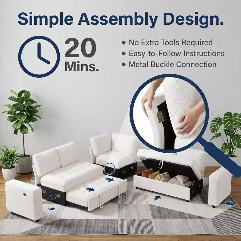 Canapé d'angle modulable 5 places Dyonery pour petits espaces, avec lit gigogne, rangement, ports USB et fonction d'inclinaison.