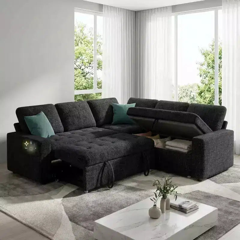 Canapé d'angle modulable 5 places Dyonery pour petits espaces, avec lit gigogne, rangement, ports USB et fonction d'inclinaison.